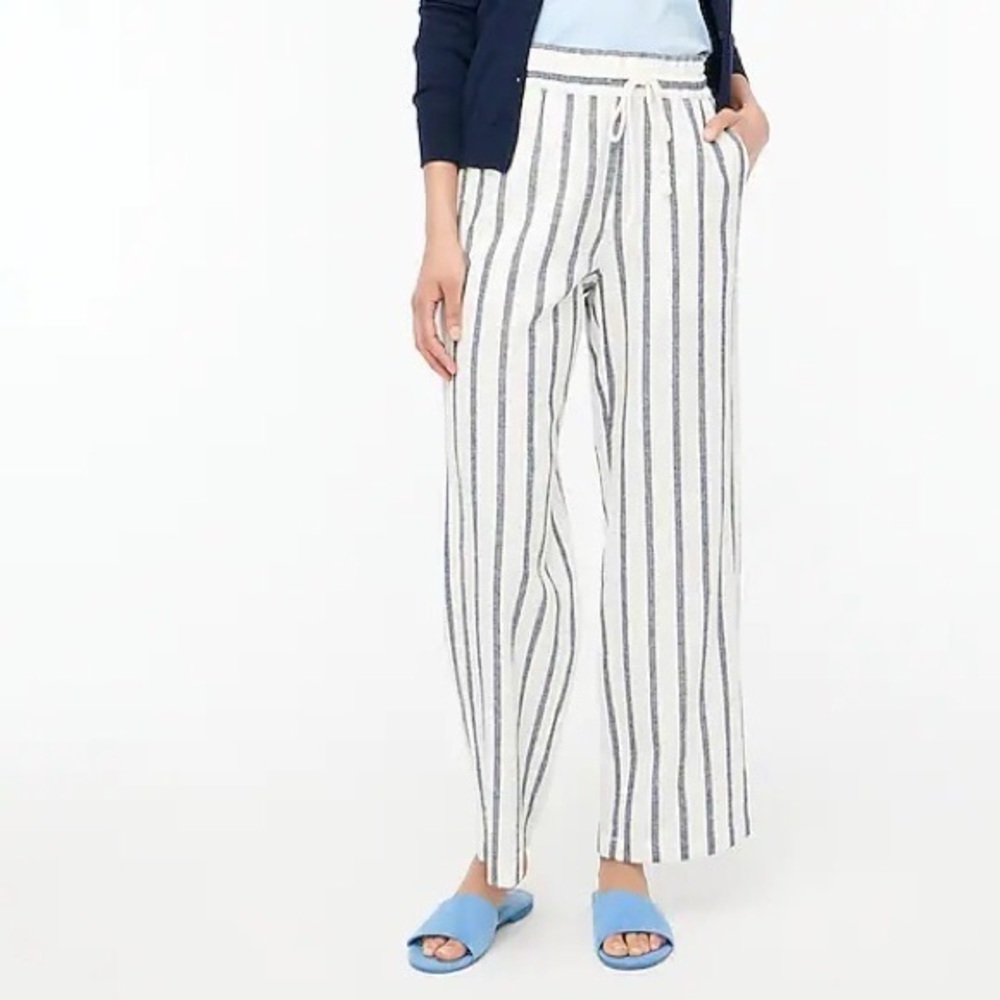 J. Crew Factory White Wide Leg Linen-Blend Pants with Navy Stripe